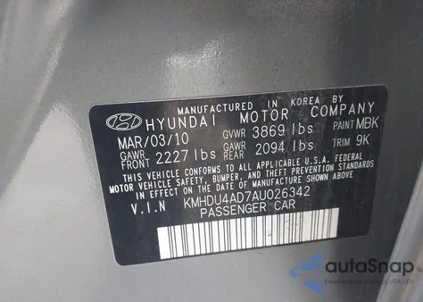 2010 Hyundai Elantra Gls z USA, uszkodzony, nr VIN KMHDU4AD7AU026342